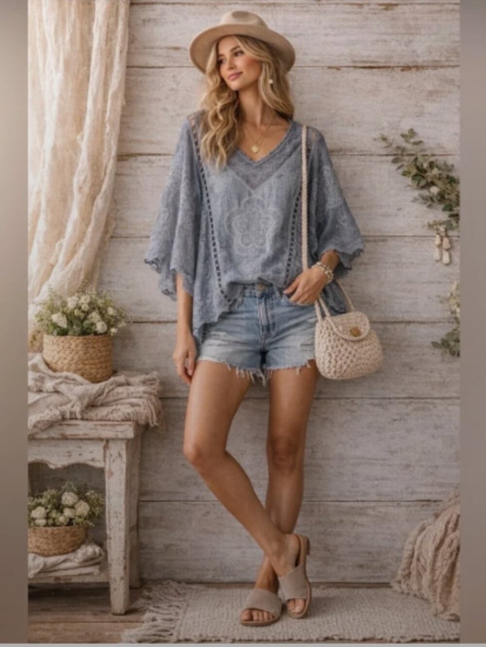 Anthropologie Kindred Boho Lace Trim V-Neck Blouse - Dusty Blue